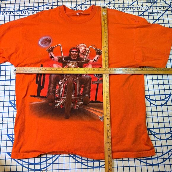 Vtg Johnny’s Route 69 Biker Pinup T-Shirt Orange Sz XL Motorcycle Chopper Moon - Picture 15 of 16